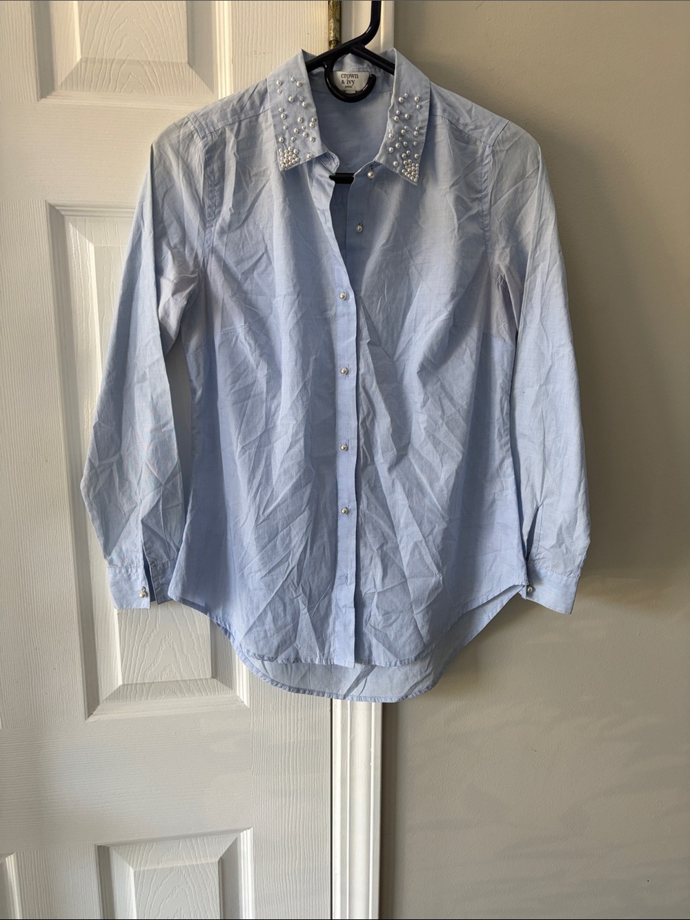 crown & ivy Light Blue Pearl-Embellished Collar Dress Shirt